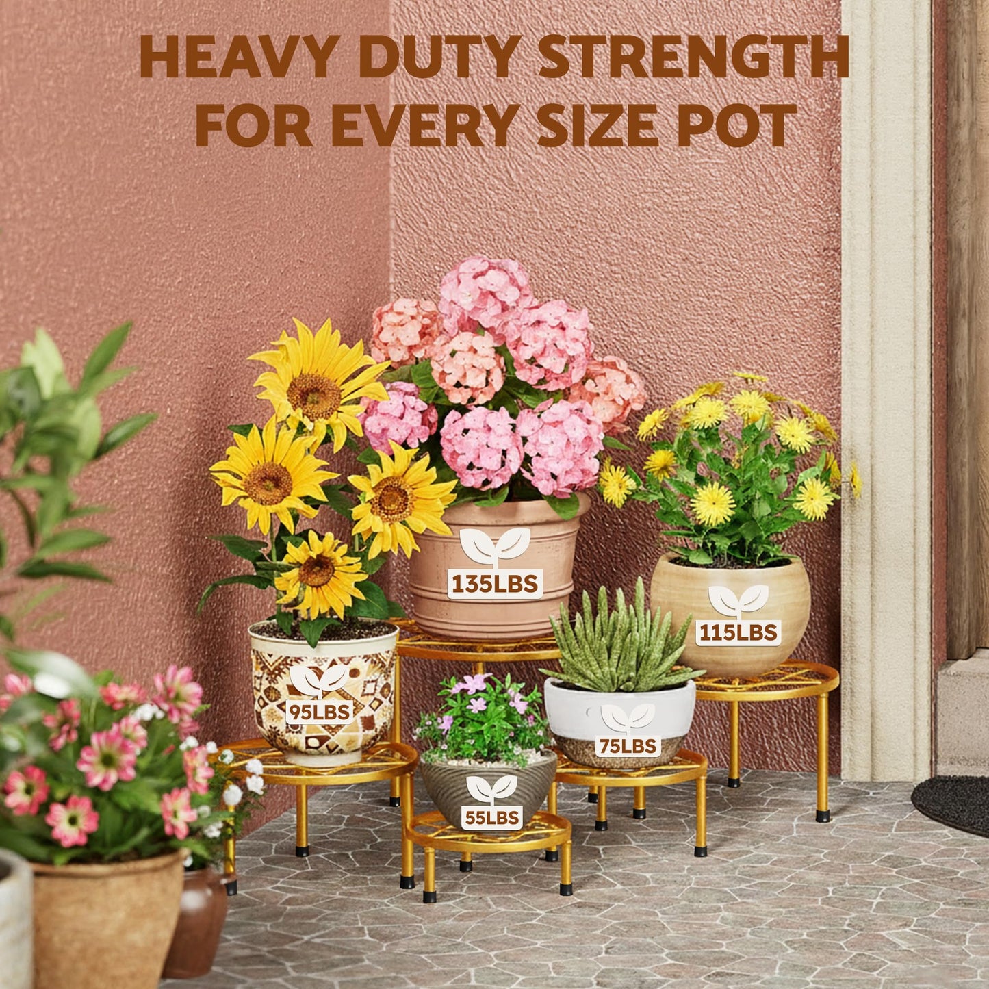 NQW 5 Pack Metal Potted Plant Stands for Indoor Outdoor,Round Planters Flower Pots Stand Holder,Heavy Duty Anti-Rust Iron Plant Shelf for Home Garden Patio Decoration(GoldDiamond)
