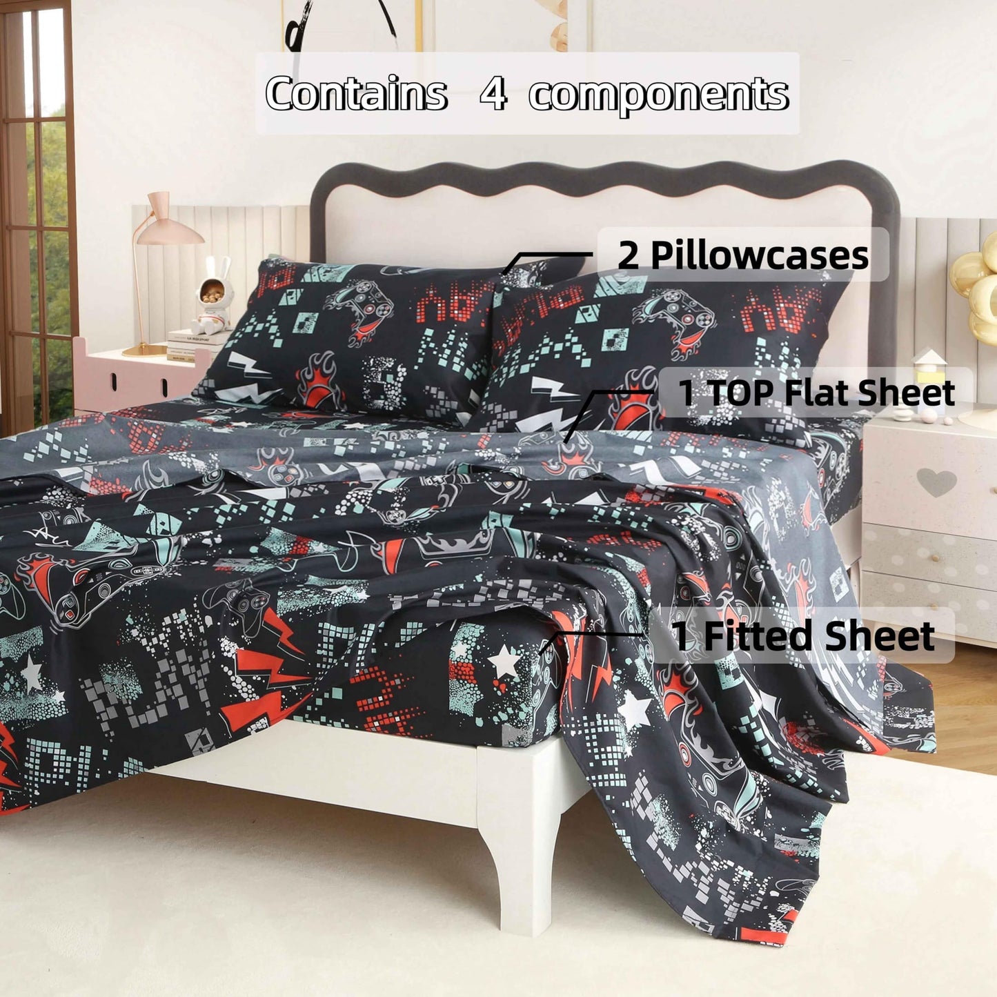 SDY 4 Pieces Gaming Bed Sheet Full,Super Cute Soft Game Console Bedding Sheet Sets for Boys, Girls, Kids and Toddler, Bed in A Bag with 1 Fitted Sheet+ 1 Top Flat Sheet + 2 Pillowcases