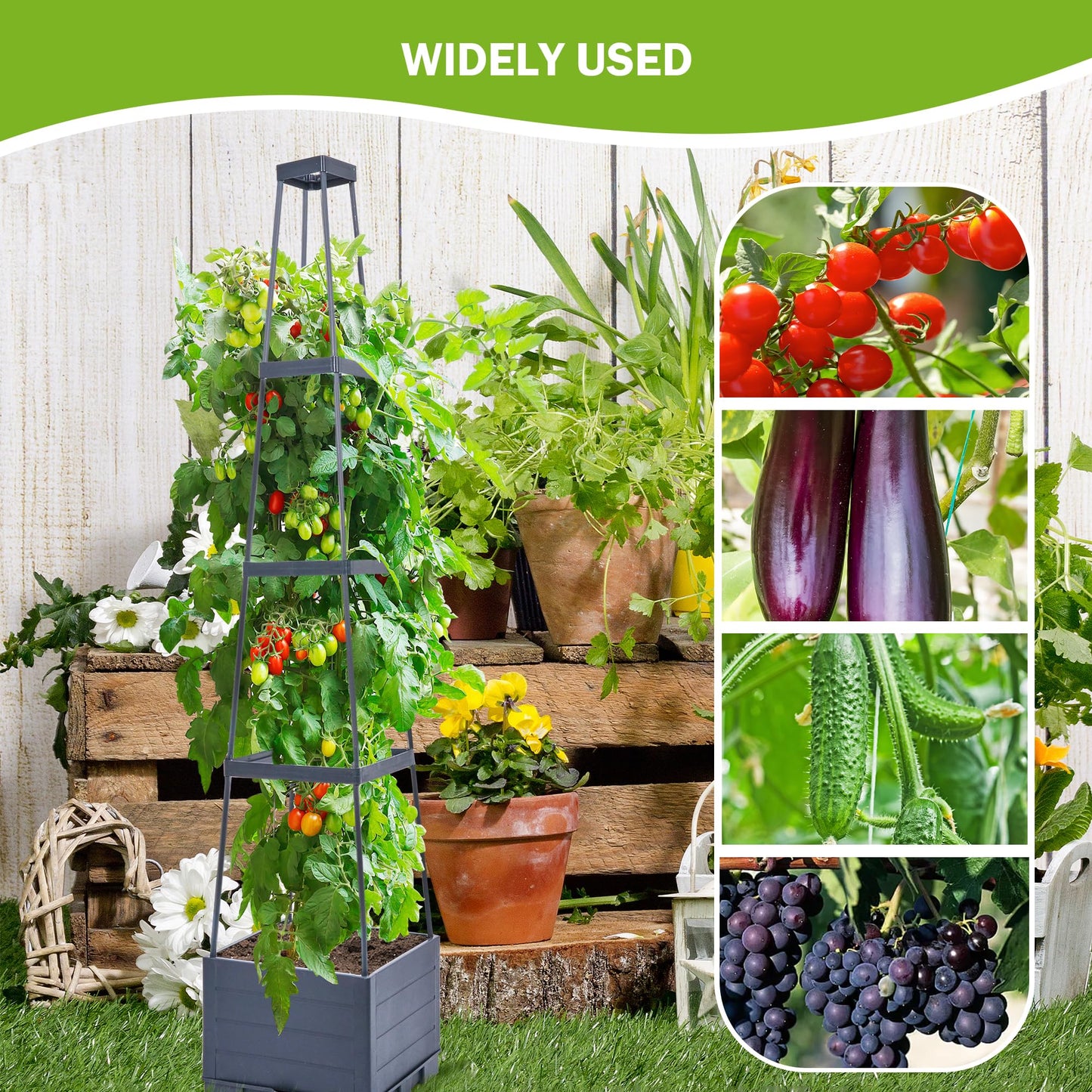 GENMOUS 4 Tiered Tomato Planter with Box Trellis, 56'' Raised Garden Bed Planter Boxes, Tomato Cages for Garden Patio Climbing Plants Vegetable Vine Flowers Outdoor & Indoor（1 Pack)