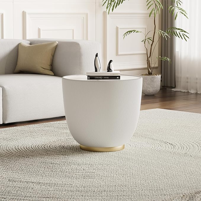 Henf Marble Round Side Table, 19.7" Fluted End Table