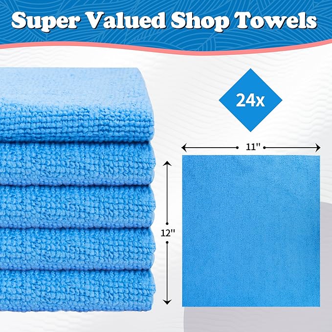FIXSMITH Microfiber Cleaning Cloth, Shop Towels Bulk, 24 Pack Blue Microfiber