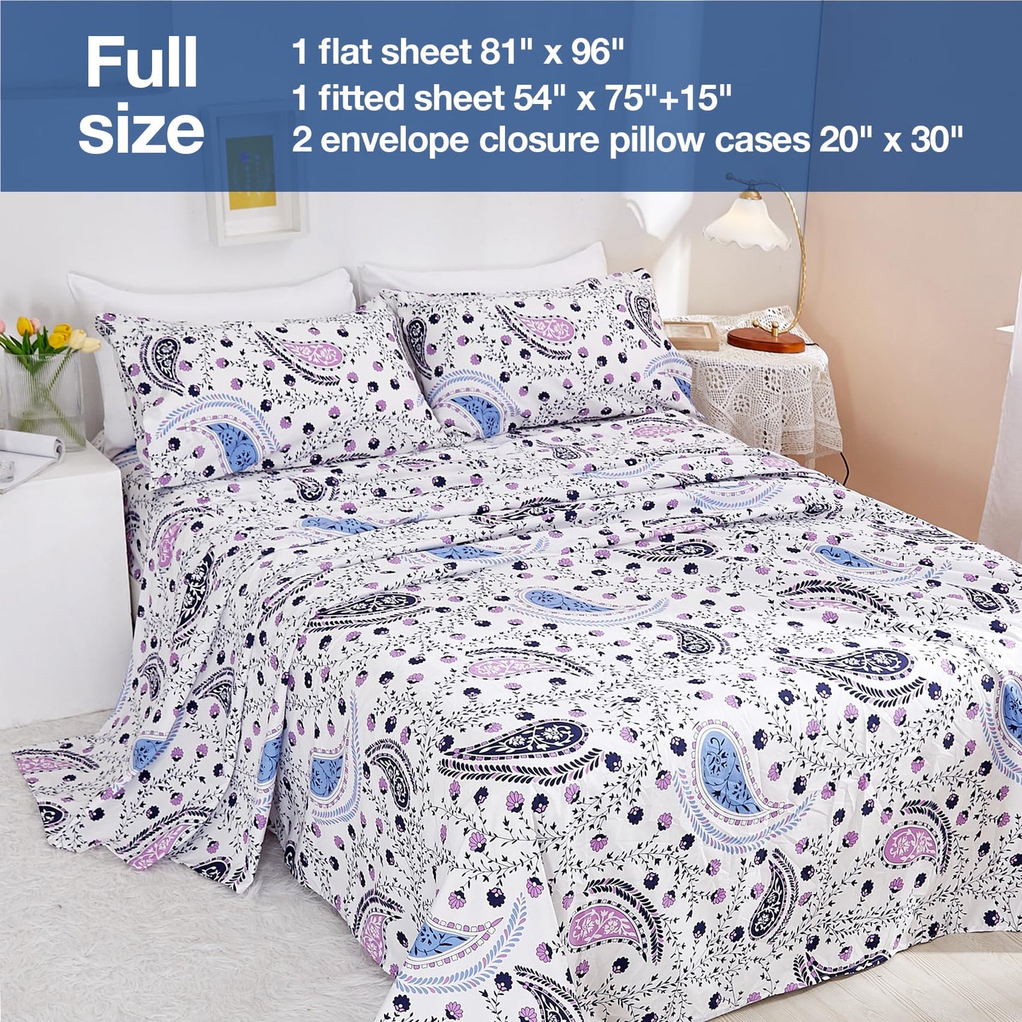JSD Paisley Floral Printed Sheet Set Full Size, 4 Piece Soft Pattern Microfiber Sheets Extra Deep Pocket
