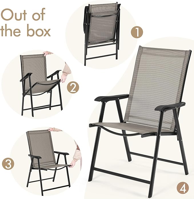 Yaheetech Outdoor Patio Chairs Set of 4, Portable Dining Chairs with Armrests for Camping, Lawn Yard Beach, Folding Outdoor Chairs 4-Pack with Metal Frame, Brown