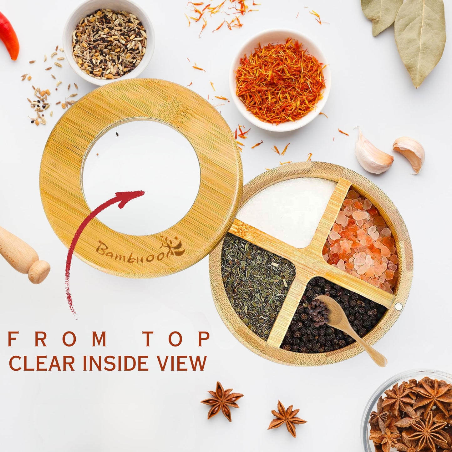 Bambuood Premium 4 Compartments Salt & Spice Cellar with Spoon - Swivel Magnetic Lid for Convenient Seasoning Access - 100% Natural Bamboo - Elegant and Eco-Friendly Kitchen Accessory.