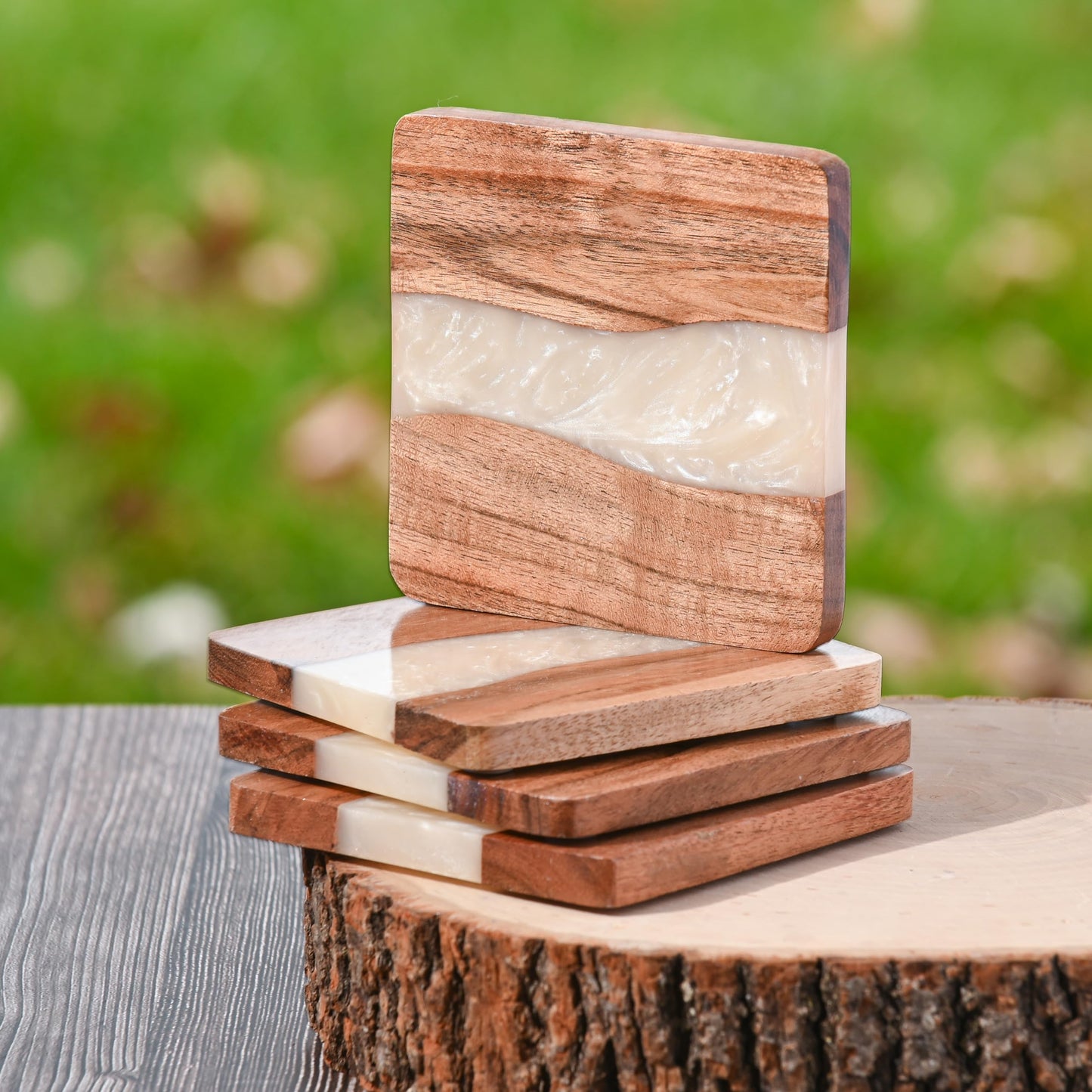 Vinola Coasters Set of 4, Discontinued Soon! Cute Coasters, Rustic Home Decor Accents, New Home Essentials, Wood Coasters for Drinks, Coasters with Holder, Wood Epoxy Resin, 4x4 Inches