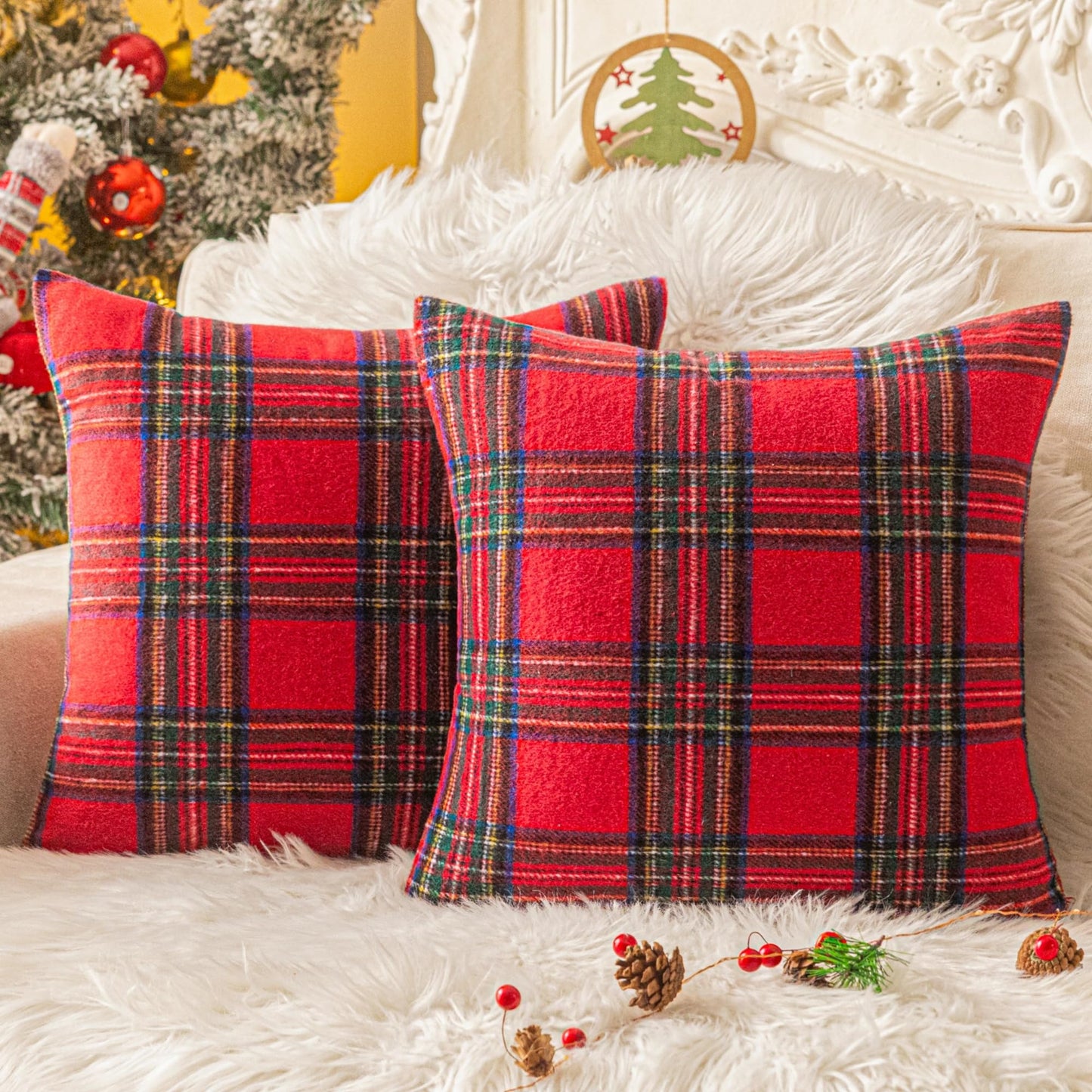 AQOTHES Christmas Plaid Throw Pillow Covers Set of 2 Scottish Tartan Winter Farmhouse Cushion Cover for Couch Sofa Bed Porch Home Holiday Decor Red 24 x 24 Inch