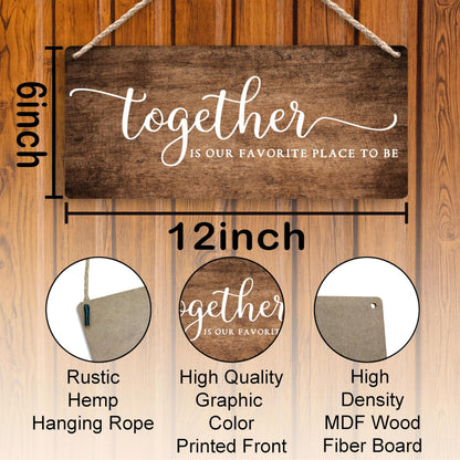 FUGWN Together Is My Favorite Place to Be Hanging Wooden Signs 12x6, Rustic Farmhouse Family Wall Decor Wood Plaque Hanging Decorations for Home Living Room Couples Bedroom Door Decor