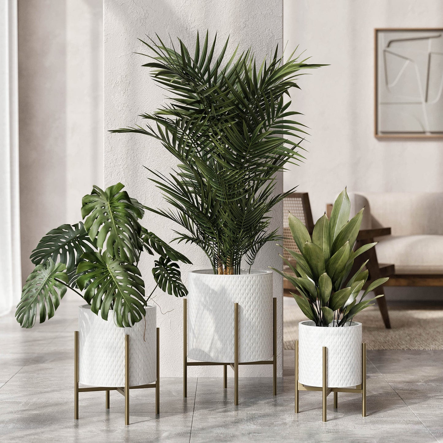 EverNest Claire Mid-Century Modern White Planter and Stand, Indoor Plant Pot, SelectBase, Minimalist Aesthetic, Home Decor for Plants - (Gold Base, Small)