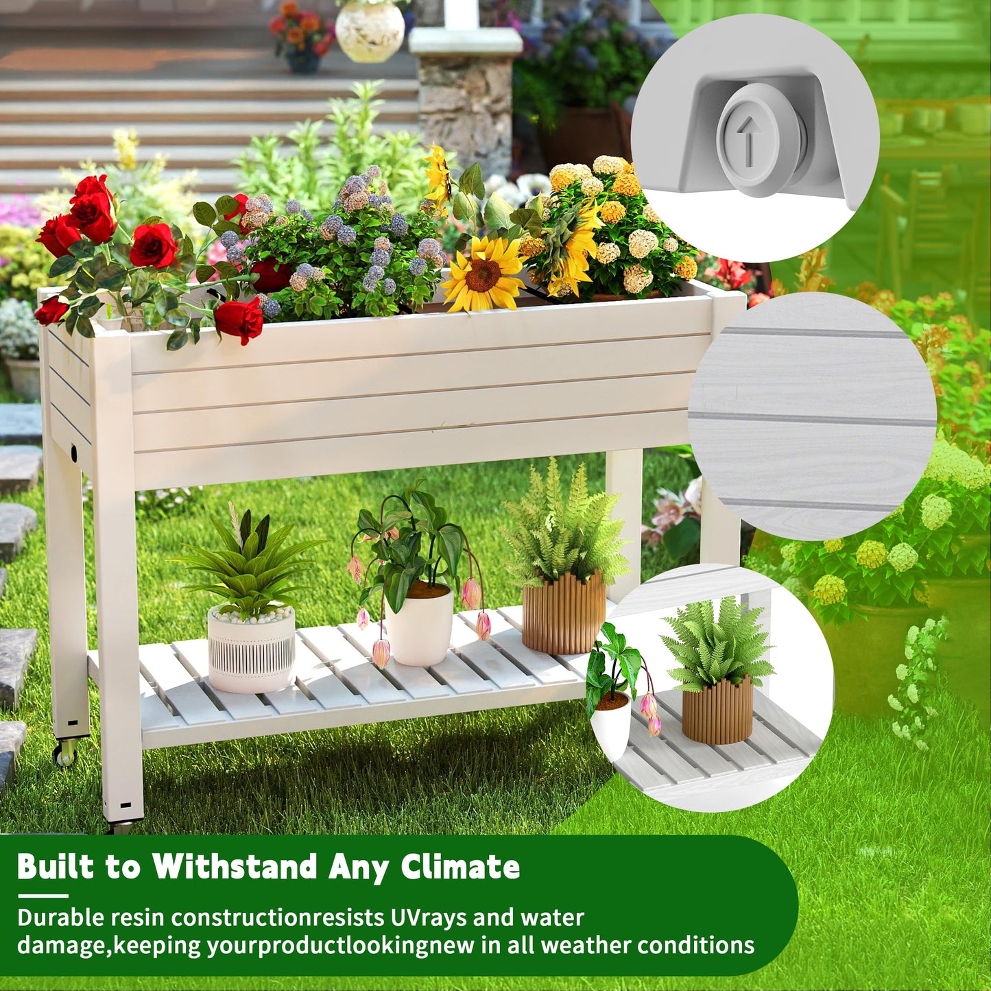 EasyUp Elevated Horticulture Raised Garden Bed with Legs, Divisible Raised Resin Planter Box for Backyard, Patio, Balcony, with 4 Legs, 4 Swivel Lockable Wheels, and Storage Shelf,Ashen