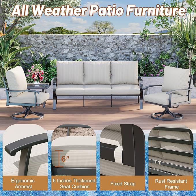 HOMREST Patio Furniture Sets 4 PCS Outdoor Metal Conversation Sets, 360 Degree