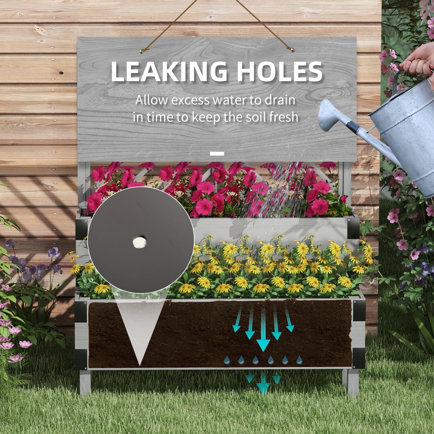 Outsunny 2-Tier Raised Garden Bed with Trellis, Wooden Elevated Planter Box with Drainage Holes, Liners, Metal Corners, Trellis Planter for Climbing Plants, Flowers, Herbs, 42.5" x 25.5" x 55", Gray