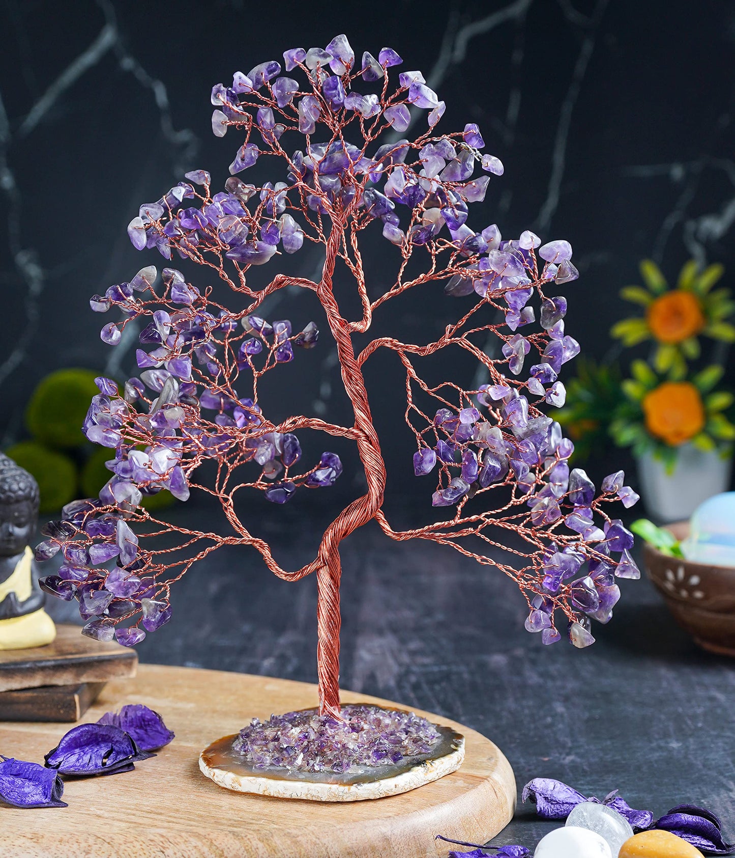 Crocon® Amethyst Crystal Tree of Life Gifts for Women, Men & Family, Gemstone Agate Slice Base Healing Chakra Feng Shui Money Spiritual Gift for mom, Wife, Sister Birthday Present Home & Room Decor