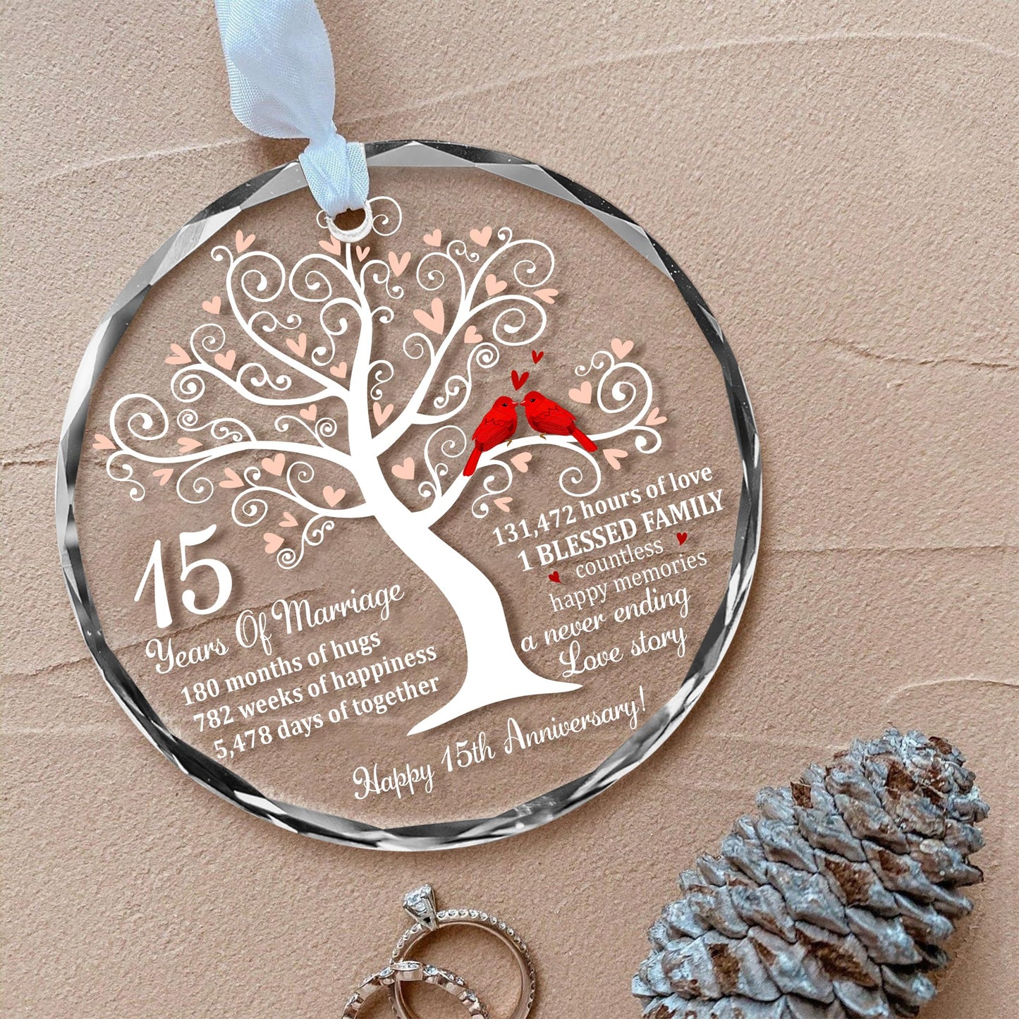 Bozspacer 15th Wedding Anniversary Ornament for Parents Couple Wife Husband - Crystal Anniversary Wedding Gift Ideas - Christmas Glass Ornament for 15 Years Marriage