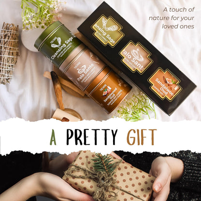 Cleansing Sage, Palo Santo, Sandalwood Oud - Soy Candles Non Toxic - Highly Scented Long Lasting with Essential Oils - Variety Pack of 3 x 5oz - for Home Aromatherapy Meditation Gift Travel