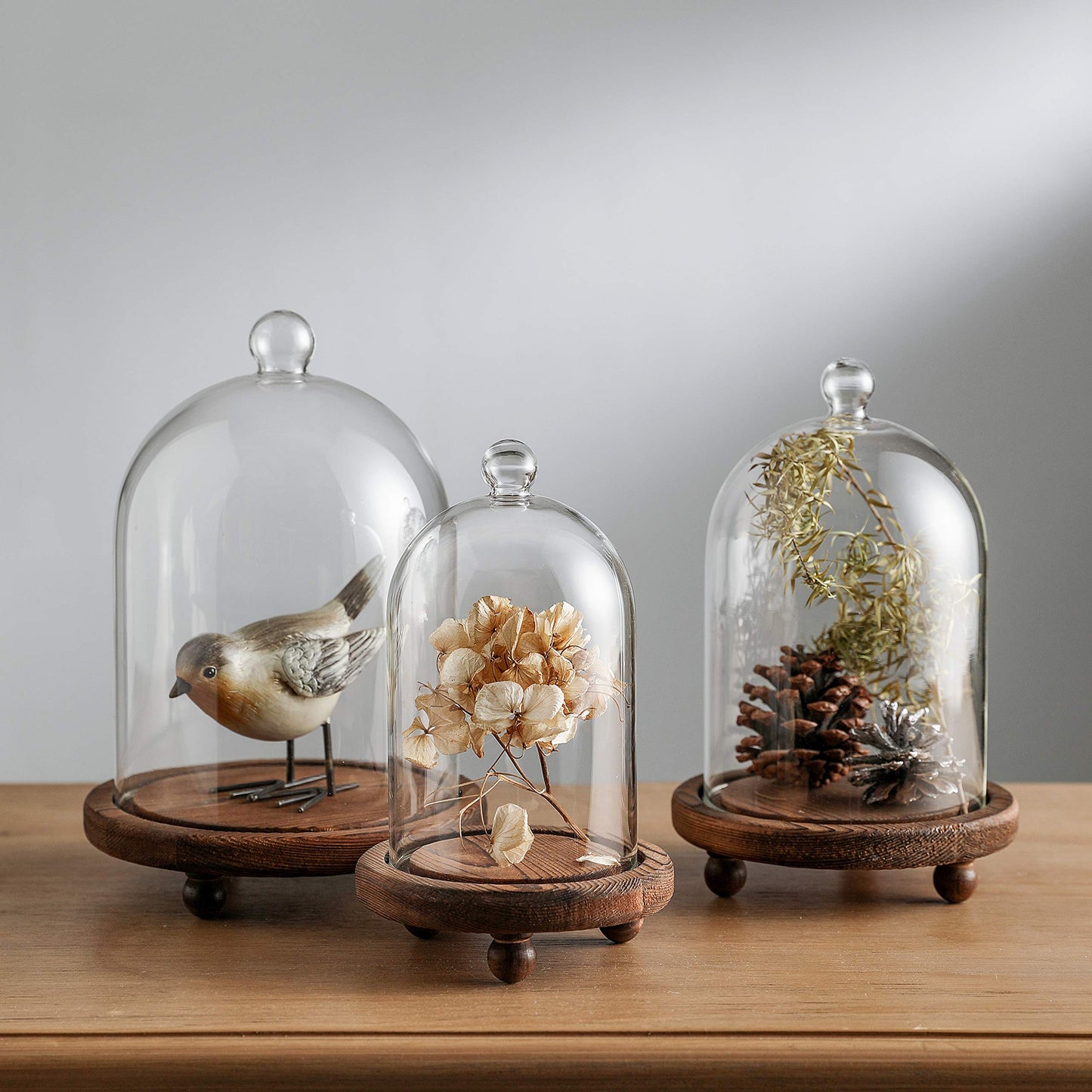 KMwares 3pcs Glass Bell Shape Dome Set (5.7"/4.9"/4.3") | Cloche Display with Wood Base | Empty Domes, Not Included Decorations