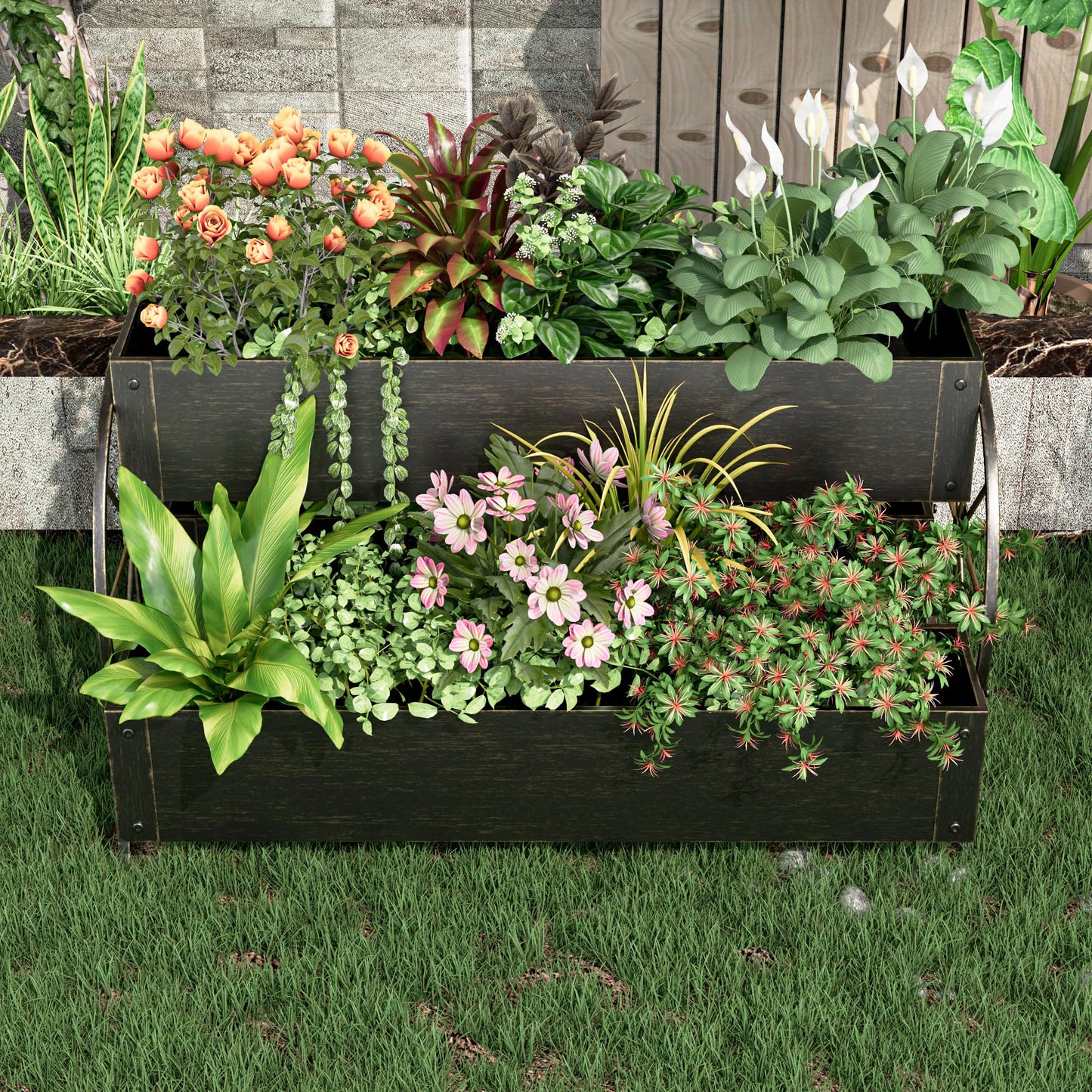 Athuiline Metal Raised Garden Beds with Wagon Wheels, 3-Tier Outdoor Planter Boxes, Decorative Herb Garden Planter for Flowers Herbs Vegetables, Small Flower Cart for Patio, Balcony (Retro Gold)