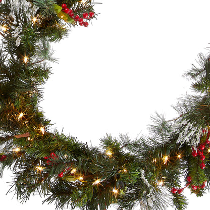 National Tree Company 9 ft Pre-Lit Wintry Pine Flocked Artificial Christmas Garland, Christmas Decoration with Pinecones, Red Berries, 100 Clear Lights, 184 Tips, Green