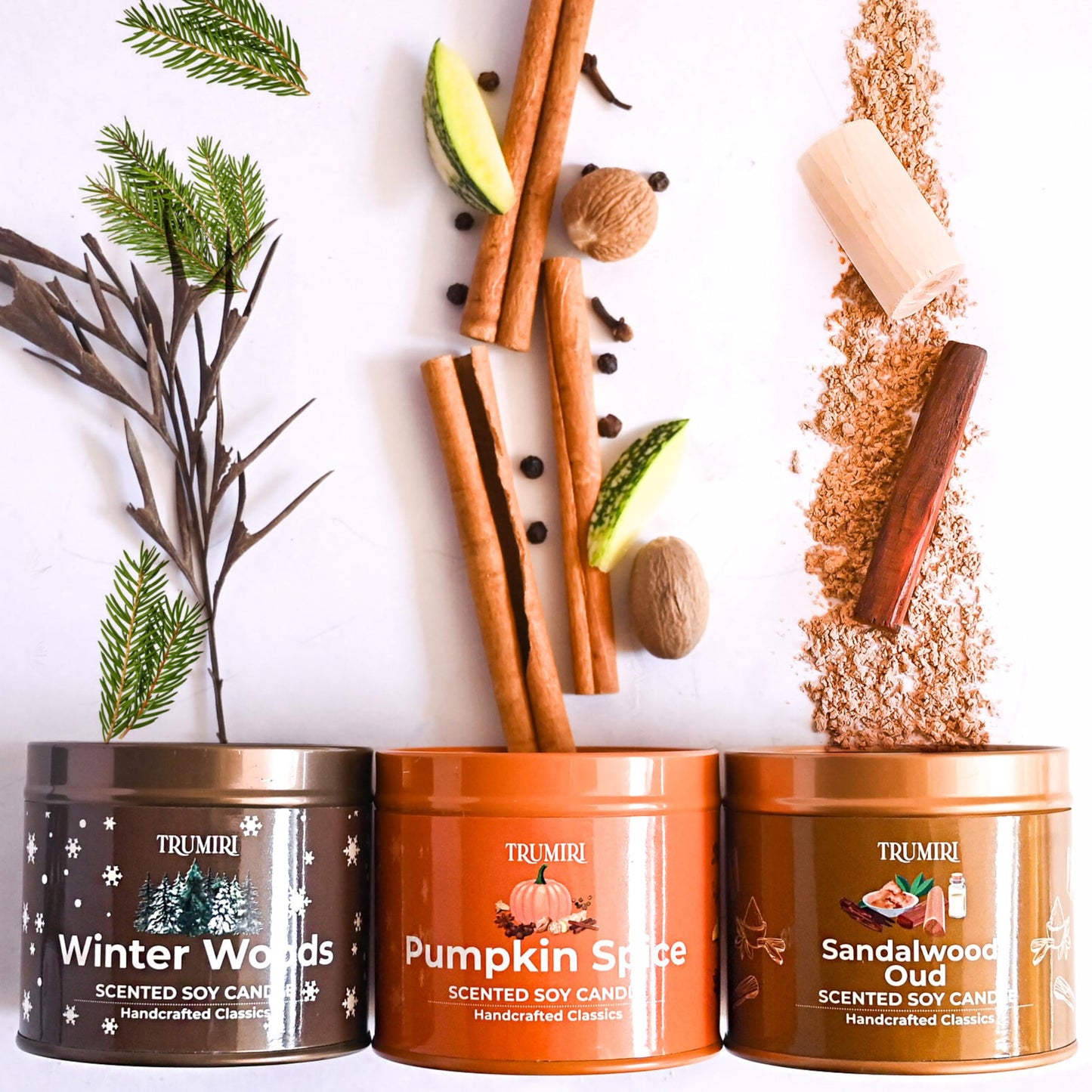 Winter Woods, Pumpkin Spice, Sandalwood Oud - Soy Candles Non Toxic - Highly Scented Long Lasting with Essential Oils - Variety Pack of 3 x 5oz - for Home Aromatherapy Meditation Gift Travel