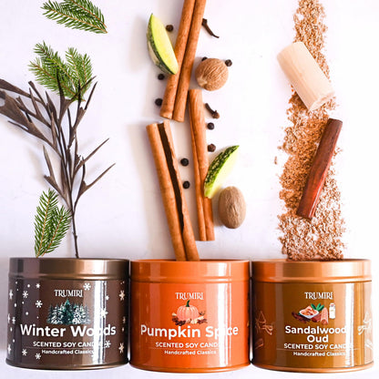 Winter Woods, Pumpkin Spice, Sandalwood Oud - Soy Candles Non Toxic - Highly Scented Long Lasting with Essential Oils - Variety Pack of 3 x 5oz - for Home Aromatherapy Meditation Gift Travel