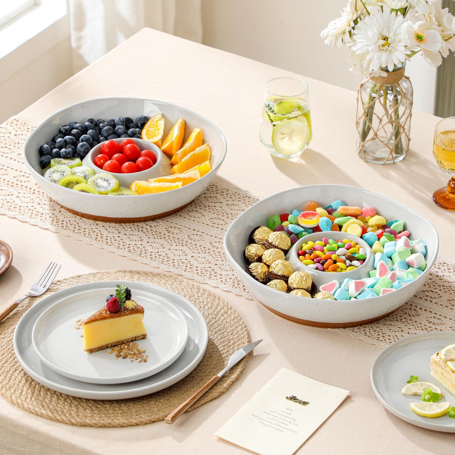 MALACASA Ceramic Chips and Dip Serving Tray, 12 Inch Large Divided Bowls Set for Salsa, Veggies & Dip, Appetizers, Snacks, Free-Form Serving Dish Platter for Parties Hosting & Entertaining, Gray