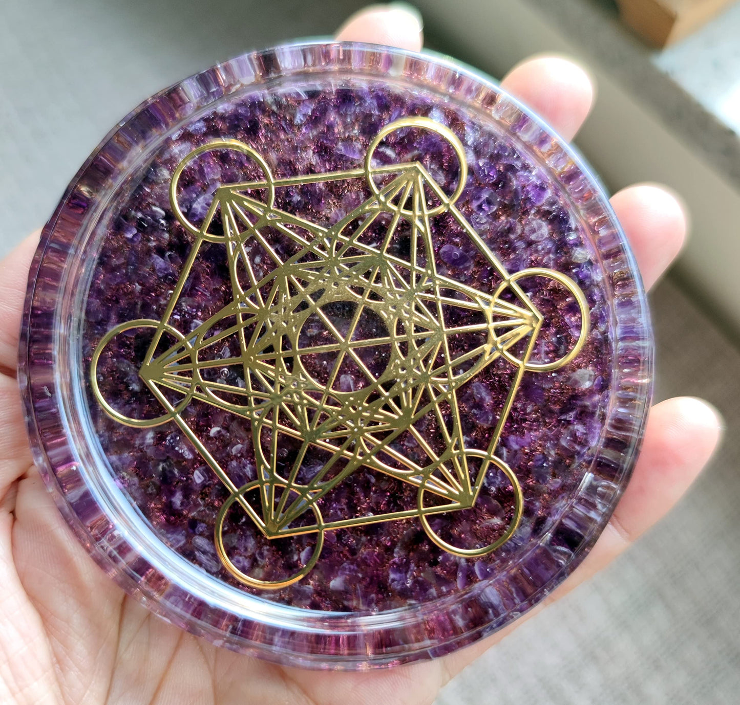 ZZYBIA LARGE 4" Amethyst Crystals Metatron's Cube Merkaba Coaster Water Charging Plate Energy Dome