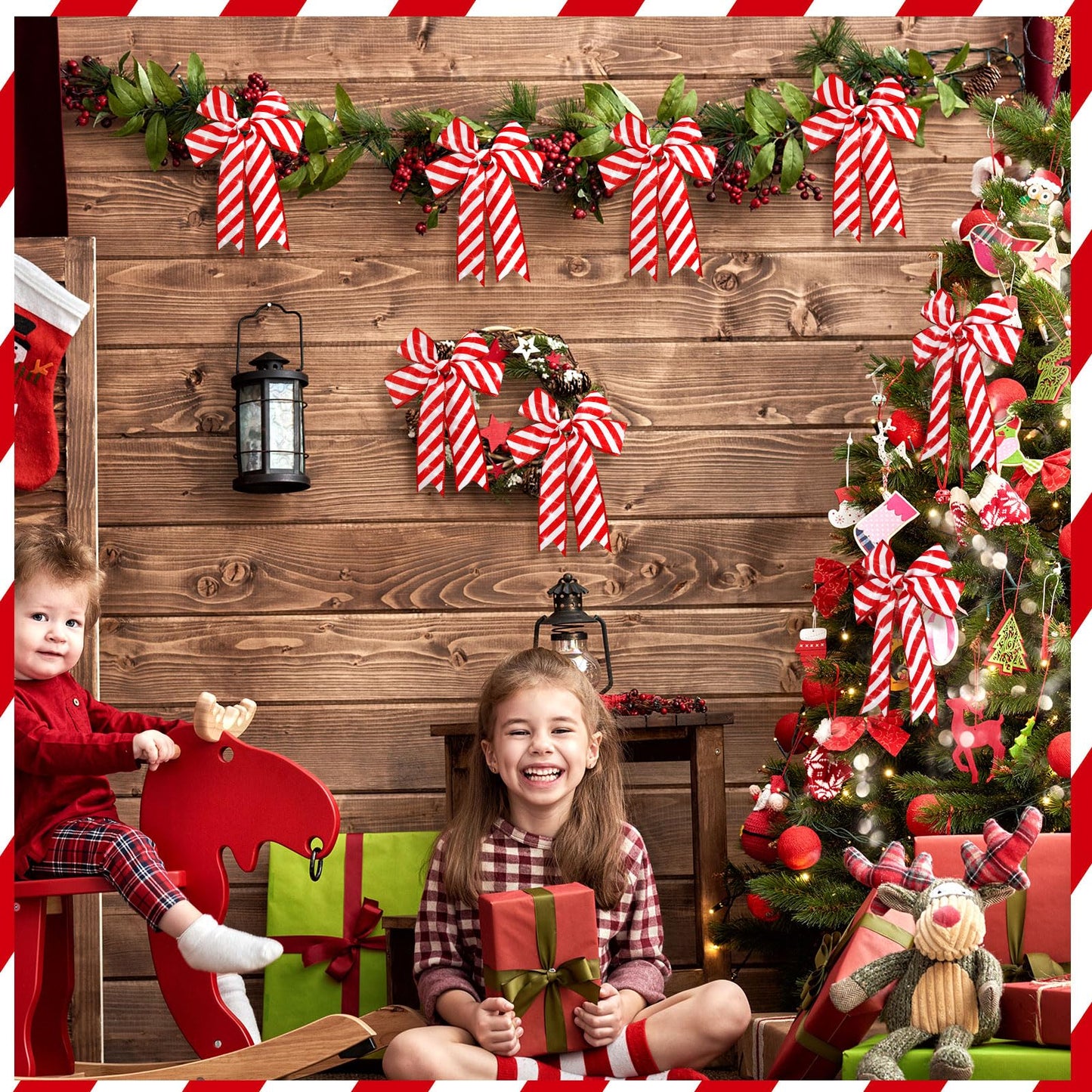Waydress 2 Rolls Christmas Peppermint Stripe Ribbon Glitter Wired Candy Cane Fabric Wrapping DIY Craft Wide Ribbons for Christmas Tree Bow Wreath(2.5 Inch X 50 Yard)
