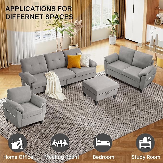 84" Convertible Sectional Sofa Set, 3 Seat L Shaped Couch