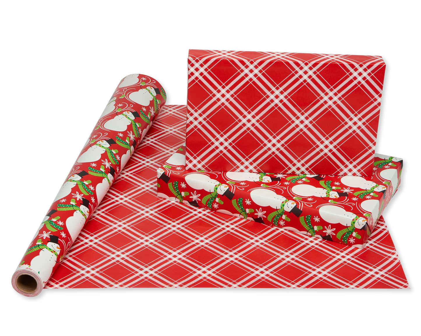American Greetings Jumbo Reversible Christmas Wrapping Paper Roll, Red and White Holiday Gift Wrap (175 sq. ft., 1 Extra Large Roll-30 in. x 70 ft.) Plaid and Snowmen