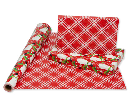 American Greetings Jumbo Reversible Christmas Wrapping Paper Roll, Red and White Holiday Gift Wrap (175 sq. ft., 1 Extra Large Roll-30 in. x 70 ft.) Plaid and Snowmen
