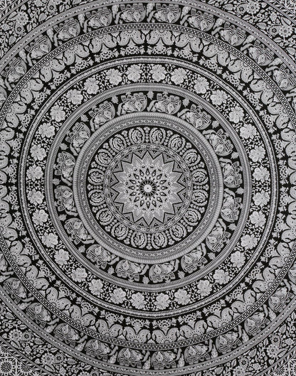RAJRANG Indian Mandala Large Tapestry Wall Hanging Black And White Elephant Cotton Aesthetic Tapestries For Bedroom Hippie Beach Bohemian Boho Decor Table Cloth Queen 90x84 Inches