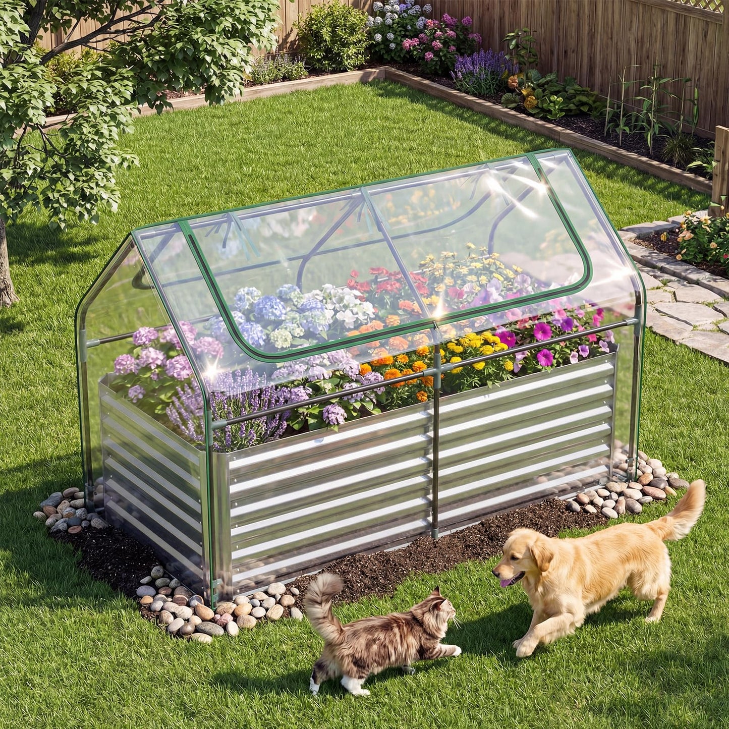 MAT EXPERT Raised Garden Bed with Cover, Mini Greenhouse Metal Planter Box w/PVC Cover, Roll-Up Windows & Mesh Screens, Outdoor Planter Box Kit for Vegetables, Flowers, Herbs (Silver, 72” x 36” x 48”)