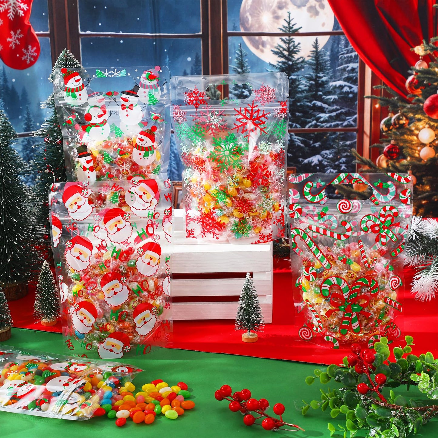 Pasimy 60 Pcs Christmas Bags with Zipper Sealing Candy Bags Bulk Resealable Xmas Treat Bag Christmas Sealing Bag with Handle Plastic for Xmas Winter Holiday Party Candy Small Gift Wrapping Supply