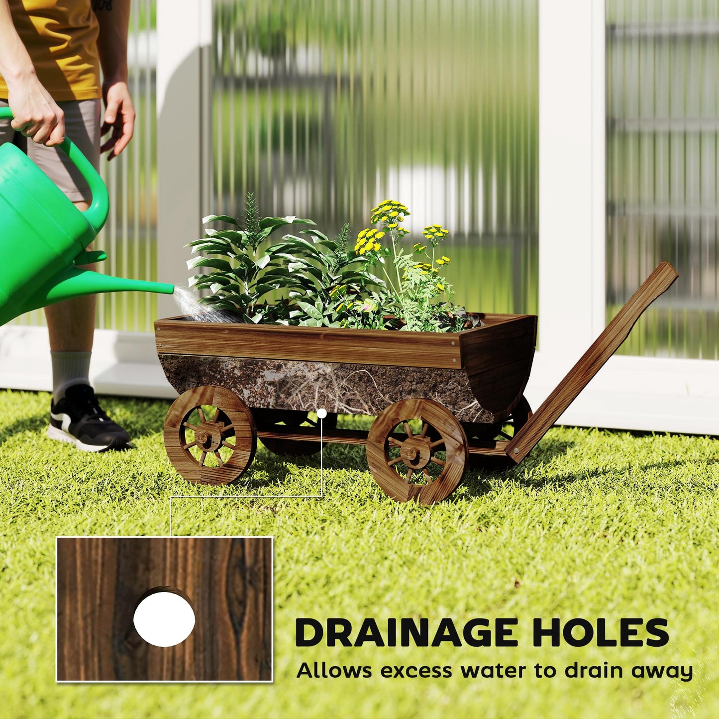 Outsunny Wooden Wagon Planter Box, Mobile Garden Planter with 4 Wheels and Handle, Small Wheelbarrow Wagon Flower Cart with Drainage Hole for Outdoor Patio, Garden, Balcony