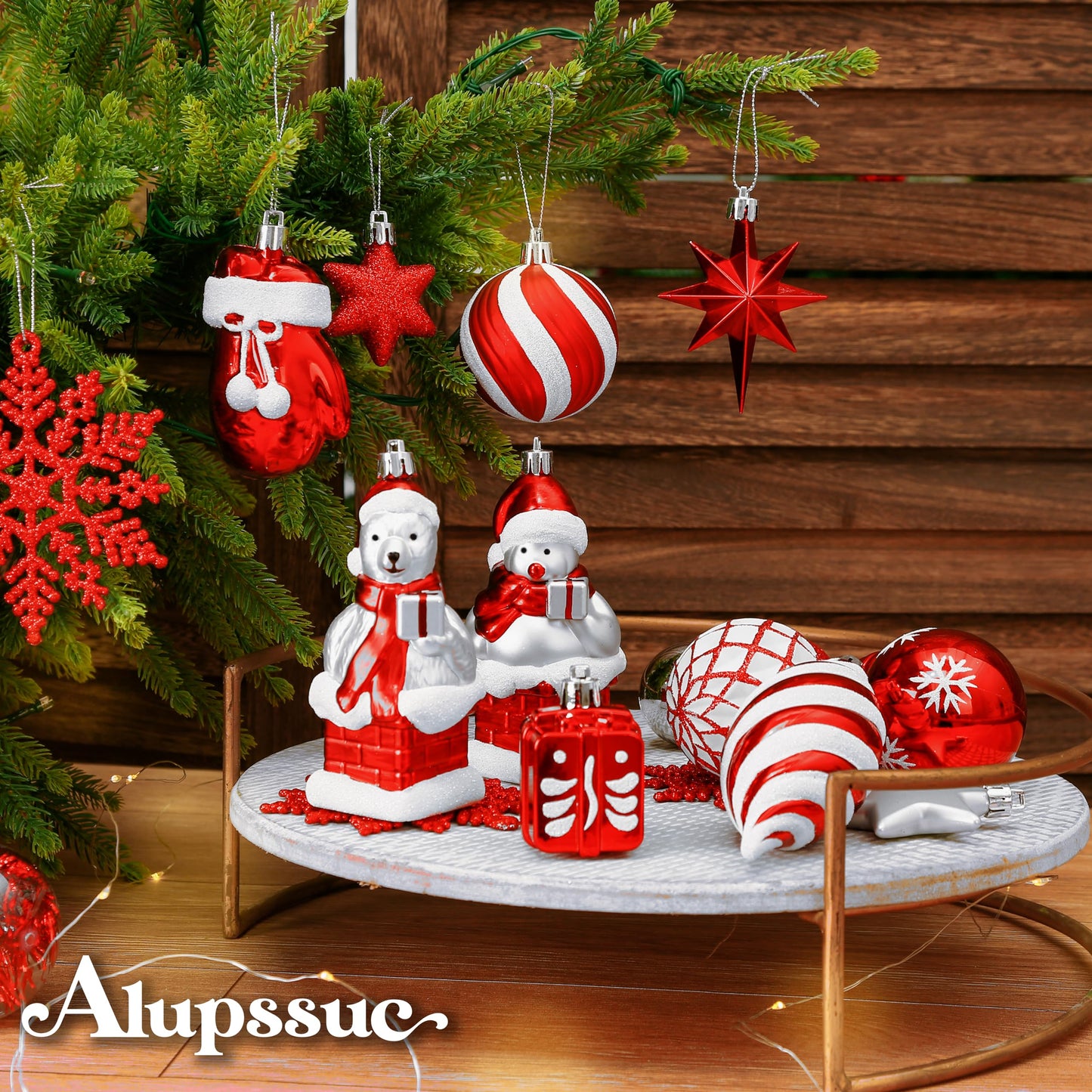Alupssuc 112pcs Christmas Balls Ornaments Set, Shatterproof Plastic Baubles Christmas Penguin, Polar Bear for Xmas Tree Holiday Wedding Party Decorations with Hanging Strings, Red, Silver and White