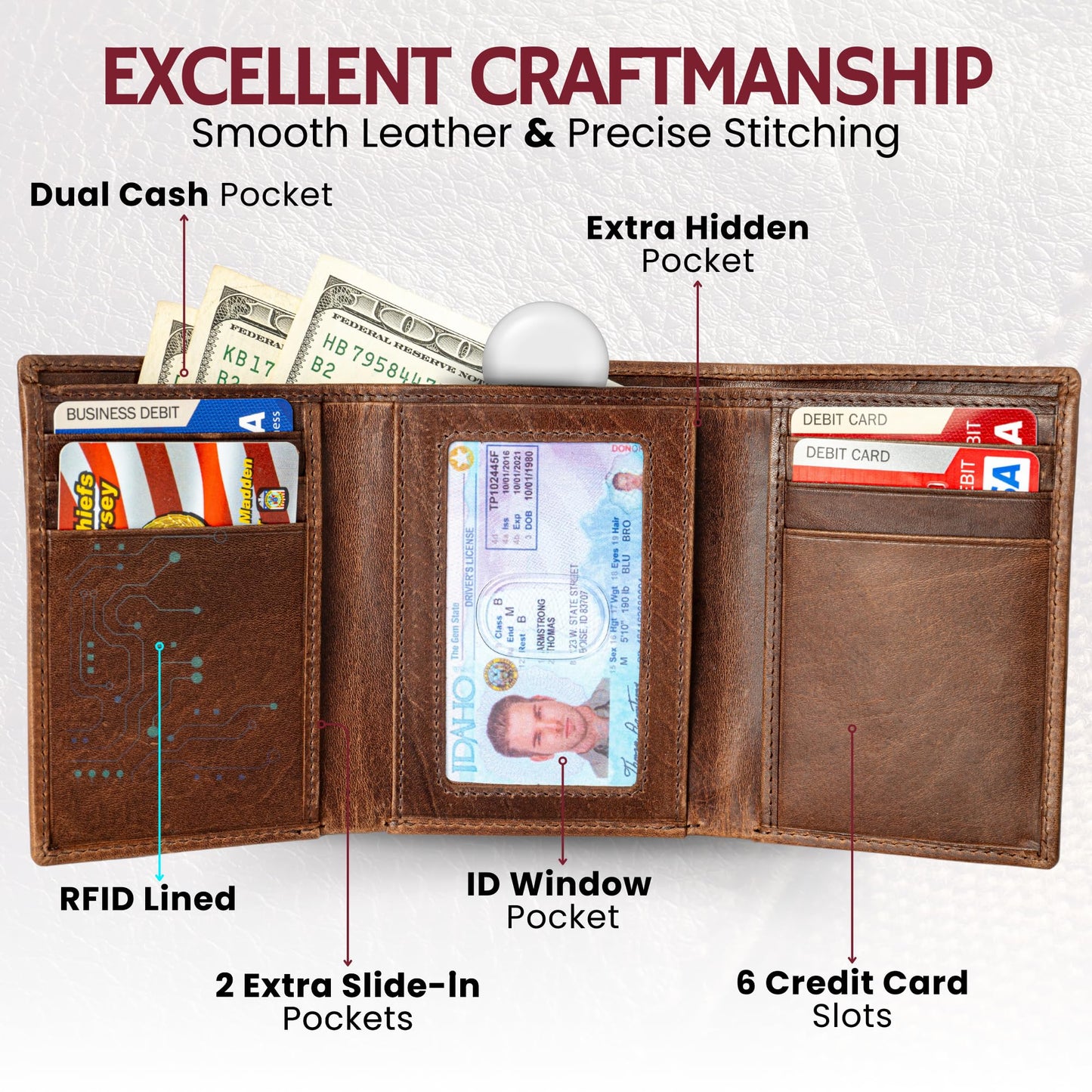 BULL GUARD RFID Genuine Leather Trifold Wallets for Men ID Window, Secret Pocket, RFID Wallet