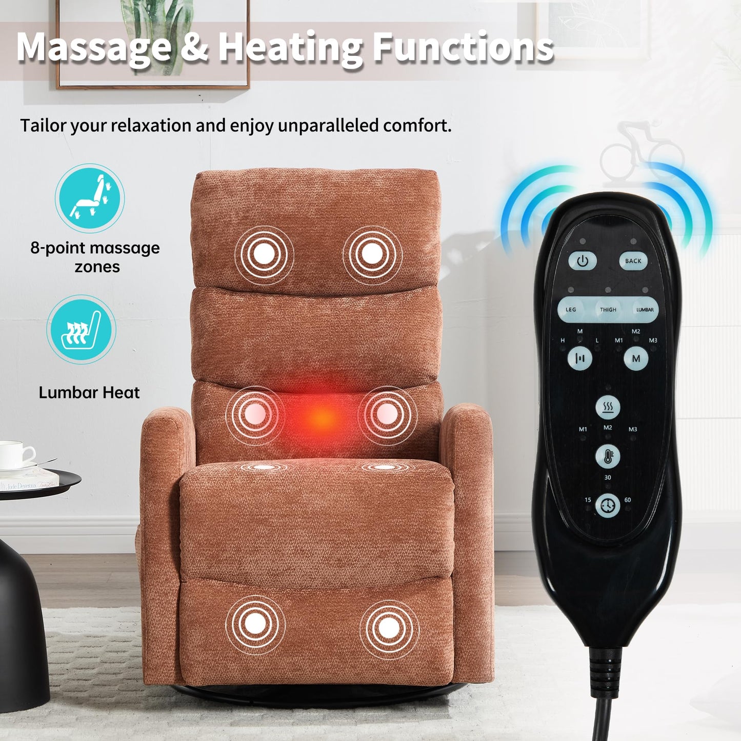 KEIKI Heat Massage Manual Recliner Chair, 360° Swivel Rocker with Lumbar Heat, Chenille Fabric Overstuffed Padding, 3 Massage Modes Timer, Tool-Free 10-Min Assembly for Bedroom Lounge, Orange