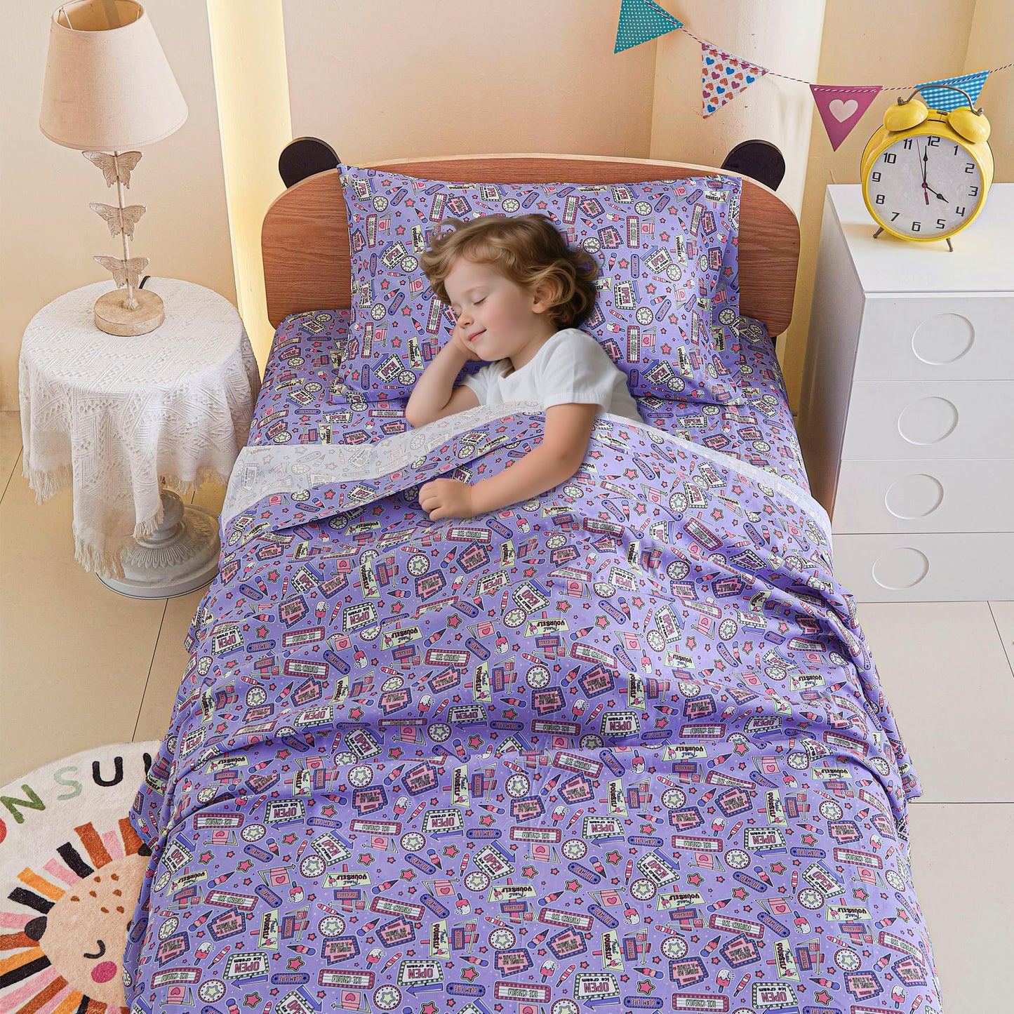 Softan Kids Bed Sheet Set, 4-Piece Full Size Sheets, Microfiber Fitted Sheet with 15 Inches Deep Pocket and Corner Straps, Breathable & Silky Soft Cool Girl Printed Sheet and Pillowcase Sets