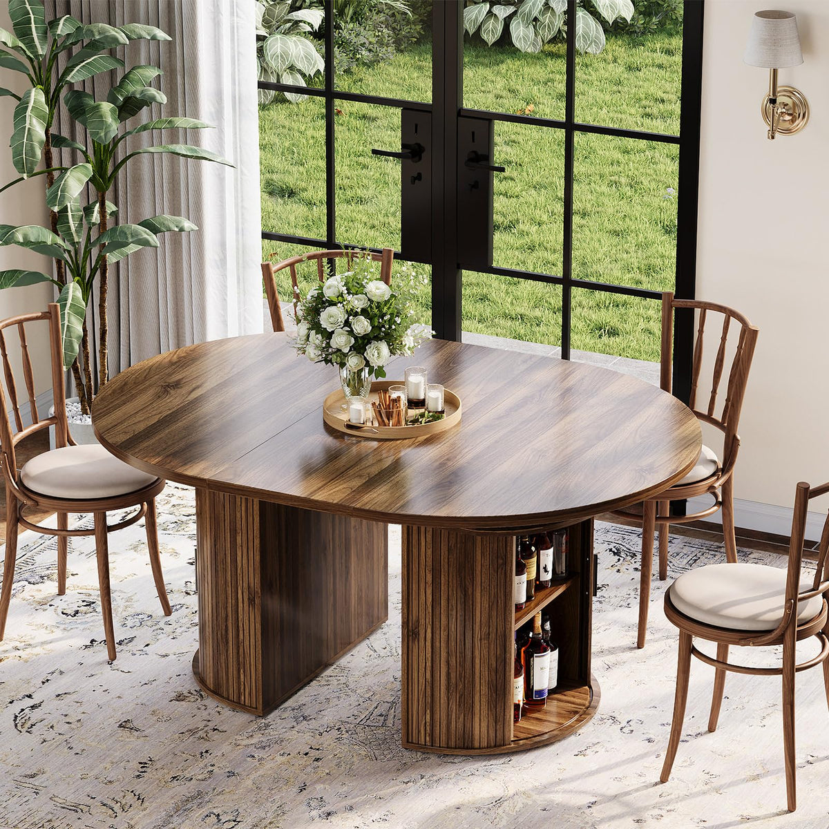 Garvee Extendable Round Dining Table with 2-Tier Storage Shelf & Drawer, 47.5 to 63 Inch Expandable Kitchen Table for 4-8 PM, Modern Farmhouse Fluted Pedestal Oval Circle Dinner Table, Walnut