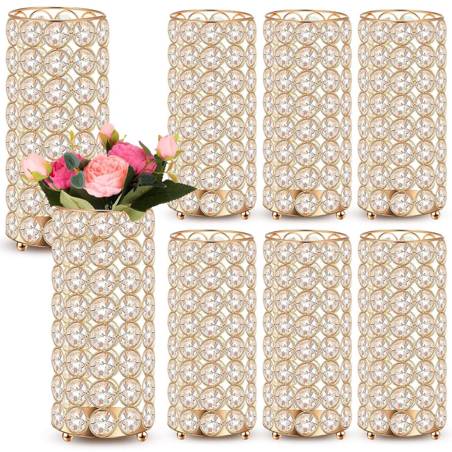 Dandat 8 Pcs Crystal Flower Vase for Wedding Table Centerpieces 7.87 in Crystal Pillar Candle Holder Metal Cylinder Flower Vase Stand for Christmas Wedding Decor Gifts Arrangement Event(Gold)