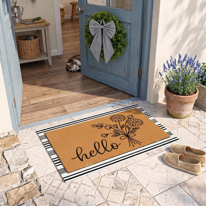 Britimes 3 Pcs Floral Hello Front Door Mat and Wreath Set Faux Coir Doormat Black and White Striped Layering Rug and 19" Greenery Wreath with Bow Outside Decor for Porch
