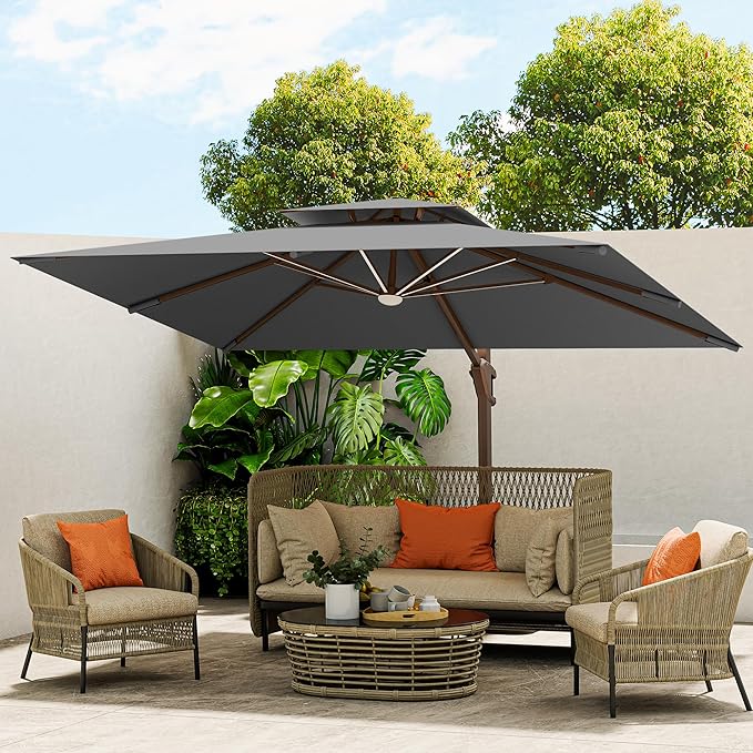 10 X 13 FT Cantilever Outdoor Patio Umbrella with Led Lights Large Heavy Duty 360° Rotation Double Top Offset Rectangular Umbrellas for Backyard Garden Pool Outside Deck, Grey