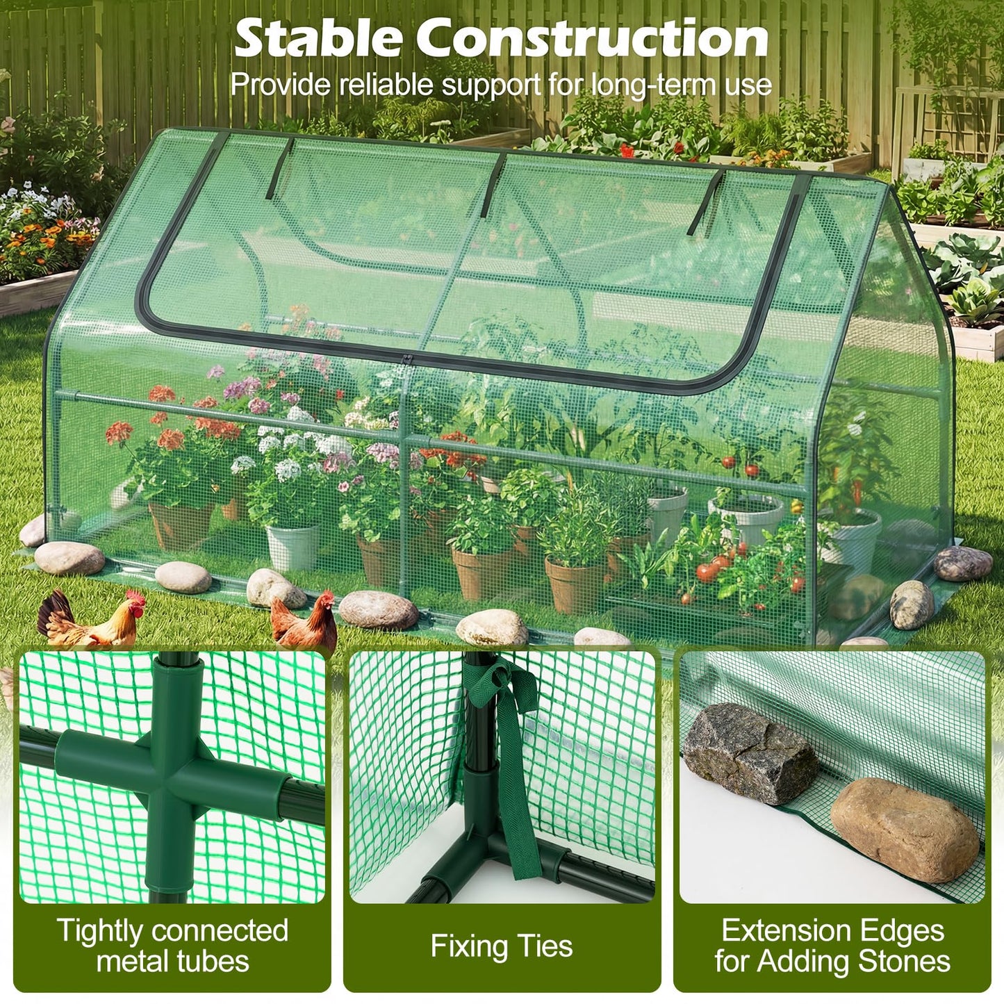 SAFSTAR Raised Garden Bed with Cover, 6FT x 3FT x 3FT Galvanized Bottomless Garden Bed with Greenhouse, Dual 2-Tier Roll-Up Windows, Outdoor Metal Planter Box Kit with Cover (Green)