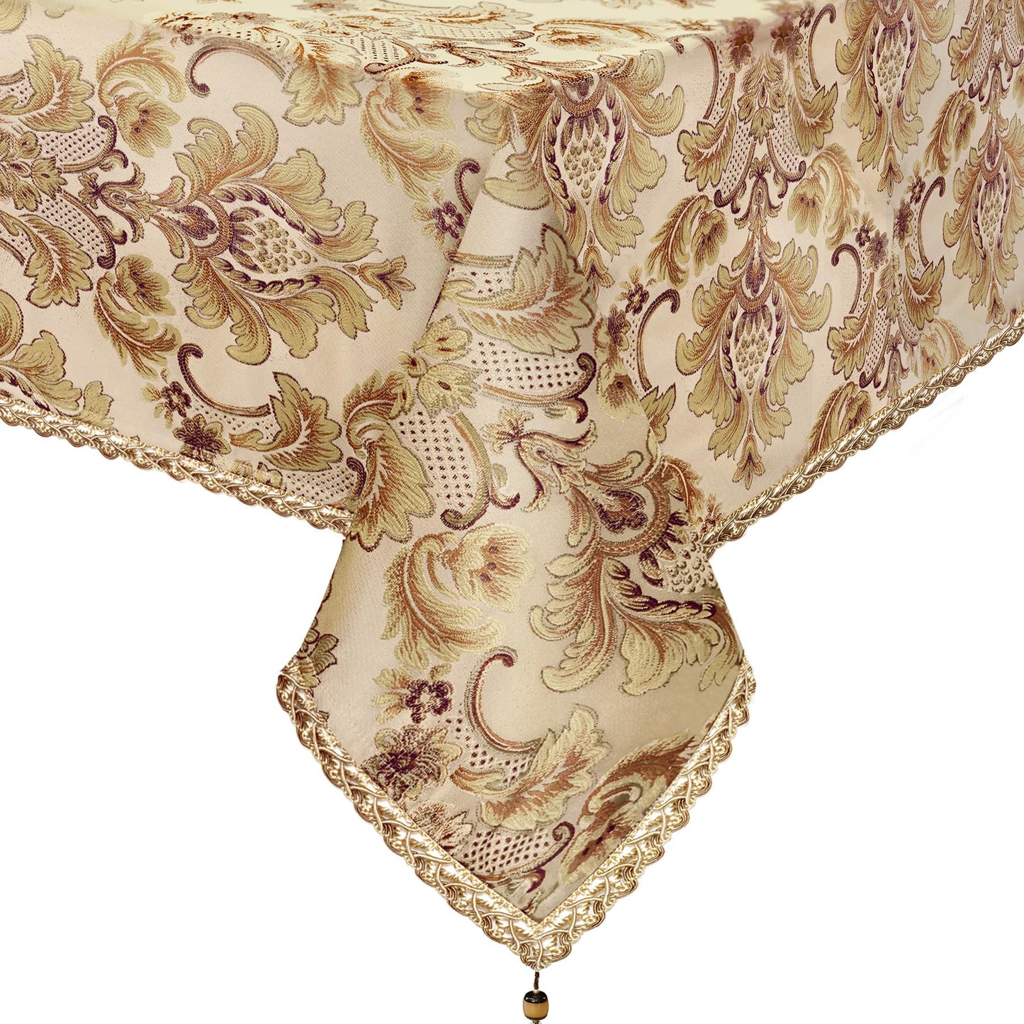 Loom and Mill Luxury Rectangle Tablecloth 60 x 120 Inches, Elegant Damask Golden Floral Table Cover with Handmade Tassels for Dining Table Banquets Decorations(Beige, 60"x120")