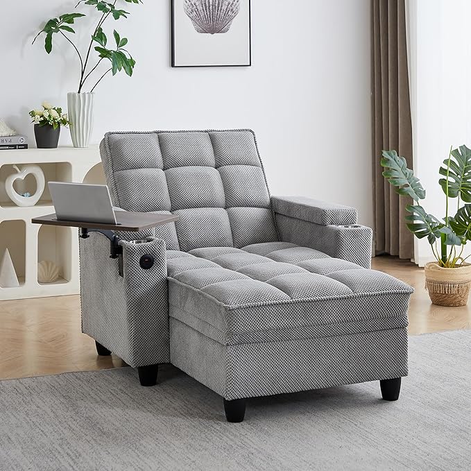 Oversized Recliner Chair with Swivel Tray Table, Modern Tufted Linen Fabric