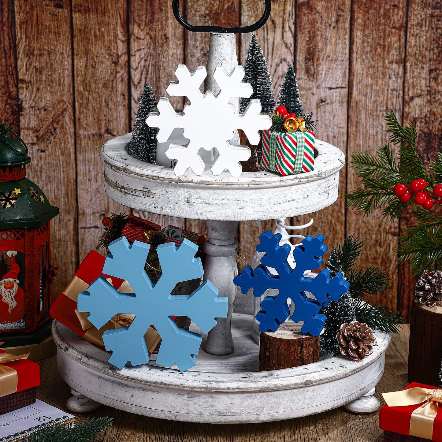 Bucherry 3 Pcs Winter Wooden Snowflake Decor Rustic Winter Snowflake Table Signs Wonderland Wood Blocks Farmhouse Christmas Tiered Tray Decorations for Xmas Table(Dark Blue, Blue,White,Classic)