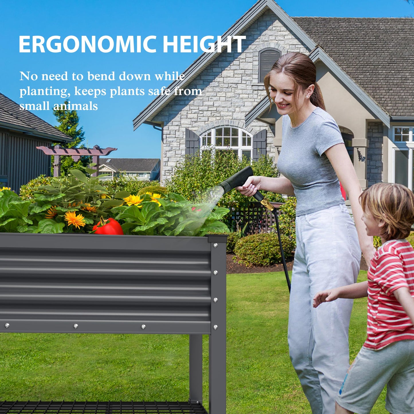 VEIKOU 48 x 24 x 34in Galvanized Steel Raised Garden Bed for Outdoor with Shelf and Casters, Drainage Holes, Steel Planter Box for Gardening Vegetable Flower Herb, 507 lbs Capacity, Gray