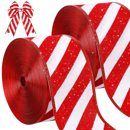 Waydress 2 Rolls Christmas Peppermint Stripe Ribbon Glitter Wired Candy Cane Fabric Wrapping DIY Craft Wide Ribbons for Christmas Tree Bow Wreath(2.5 Inch X 25 Yard)
