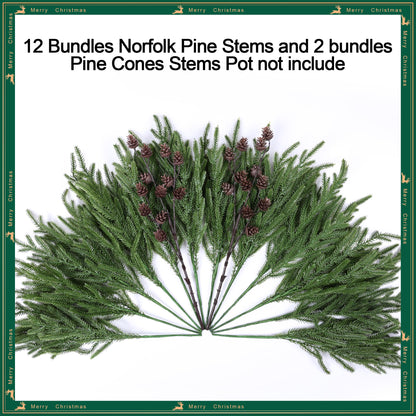 Artificial Christmas Norfolk Pine Stems Branches for Vases,12 Bundles Fake Pine Stems with 2 PCS Small Pinecones Branches Faux Evergreen Real Touch Greenery for Xmas Holiday Winter Table Indoor Decor