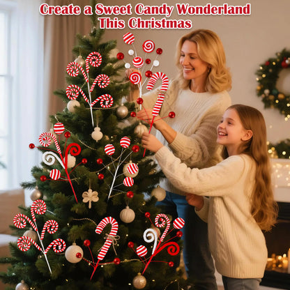 5pcs Candyland Christmas Tree Picks Candy Cane Tree Topper, Red and White Christmas Tree Decorations with Glitter, Curly Lollipop Candy Picks for Xmas Holiday Wreath Vase Party Decor