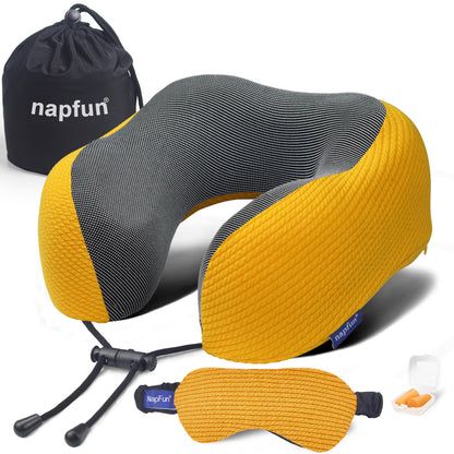 napfun Neck Pillow for Traveling, Upgraded Travel Neck Pillow for Airplane 100% Pure Memory Foam Travel Pillow for Flight Headrest Sleep, Portable Plane Accessories, Light Grey